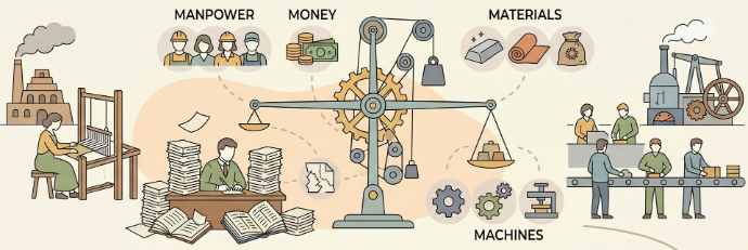 As manufacturing shifted from hand production to steam-powered machines and assembly lines, businesses faced unprecedented scales. It was during this era that the core pillars of production management emerged as a complex balancing act: the 4 Ms (Manpower, Money, Materials, and Machines). Paper-based records struggled to keep up with the overwhelming task of coordinating these resources simultaneously.
