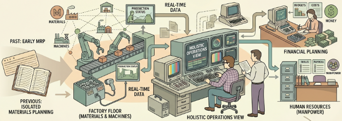 Business leaders realized that manufacturing didn't operate in a vacuum. MRP II expanded upon early systems to finally connect the factory floor (Materials and Machines) with financial planning (Money) and human resources (Manpower), creating a more holistic view of operations.
