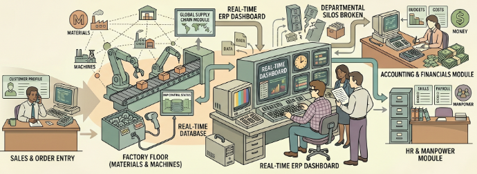 The term "Enterprise Resource Planning" (ERP) was officially coined. Systems integrated every internal facet of an organization—sales, accounting, HR, and manufacturing—into a single, unified digital platform. For the first time in history, all 4 Ms were fully integrated, visible, and manageable in real-time, permanently breaking down departmental silos.