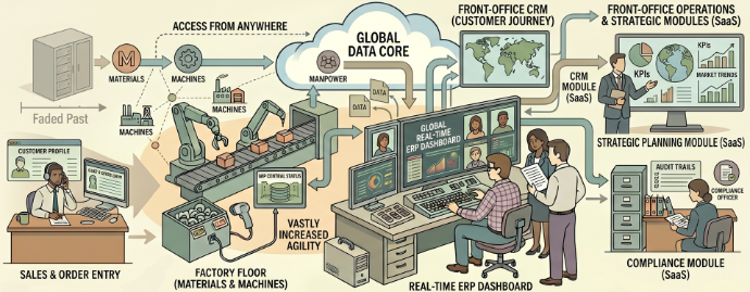 As the internet revolutionized connectivity, companies demanded more than just internal resource tracking. ERPs evolved into comprehensive Business Management Systems (BMS). A true BMS went beyond the 4 Ms, expanding outward to integrate front-office operations like Customer Relationship Management (CRM), strategic planning, and compliance workflows. Coupled with Cloud Computing and Software-as-a-Service (SaaS), these overarching systems allowed leaders to manage their entire global enterprise ecosystem from anywhere.